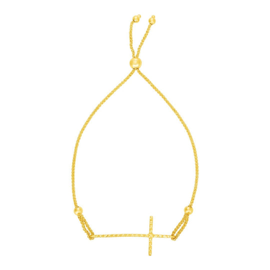 14K yellow gold bracelet with textured cross and adjustable slide closure