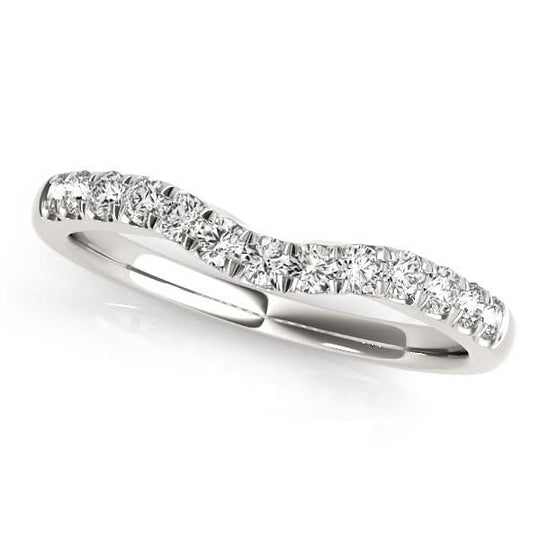 14K white gold curved wedding band with round diamond stones
