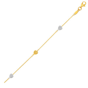 14k Two-Toned Yellow and White Gold Anklet with Textured Hearts