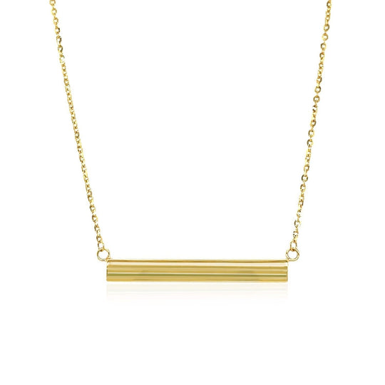 14K yellow gold necklace with a shiny flat bar pendant on a slim chain