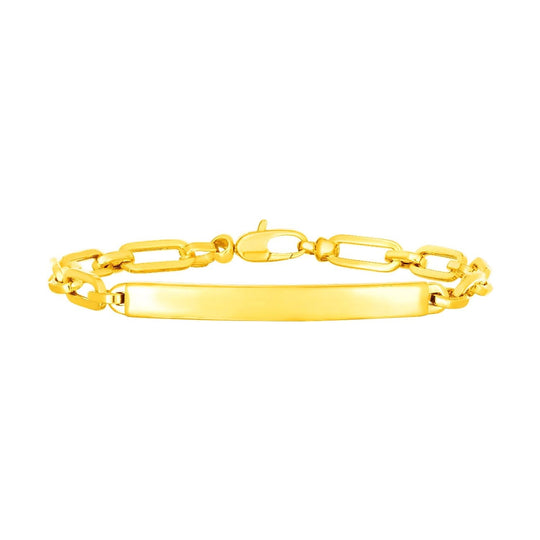 14K yellow gold paperclip chain ID bracelet with polished center plate