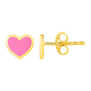 14k Yellow Gold and Enamel Pink Heart Stud Earrings