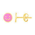 14K yellow gold smiley face stud earrings with pink enamel
