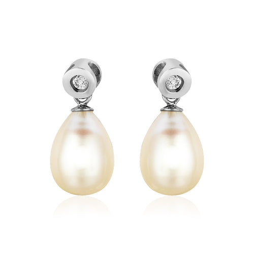 Sterling Silver Earrings with Pear Shaped Freshwater Pearls and Cubic Zirconias