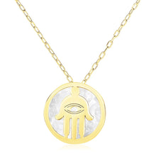 Load image into Gallery viewer, 14k Yellow Gold Necklace with Hand of Hamsa Symbol in Mother of Pearl