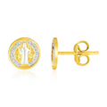14K two-tone gold round religious medallion post earrings