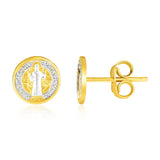 14k Two Tone Gold Round Religious Medallion Post Earrings thumbnail 1