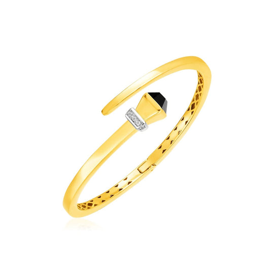 14K yellow gold crossover hinged bangle with onyx and round diamond stones