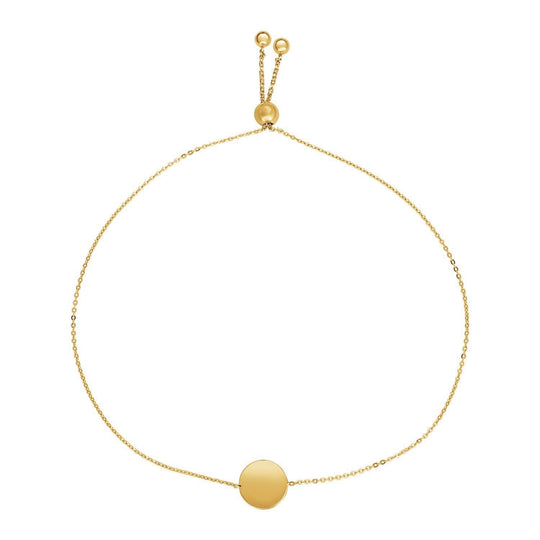 14K yellow gold adjustable bracelet with polished shiny circle centerpiece