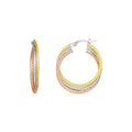 14K tri-color gold round hoop earrings in yellow, white, and rose gold