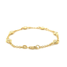 Load image into Gallery viewer, 14k Yellow Gold Rolo Chain Bracelet with Puffed Heart Stations