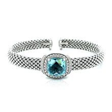 Load image into Gallery viewer, Popcorn Texture Cuff Bangle with Blue Topaz and Diamonds in Sterling Silver